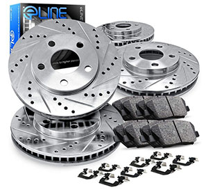 R1 Concepts eLINE Series Front Rear Drilled and Slotted Brake Rotors with Ceramic Brake Pads and Hardware Kit